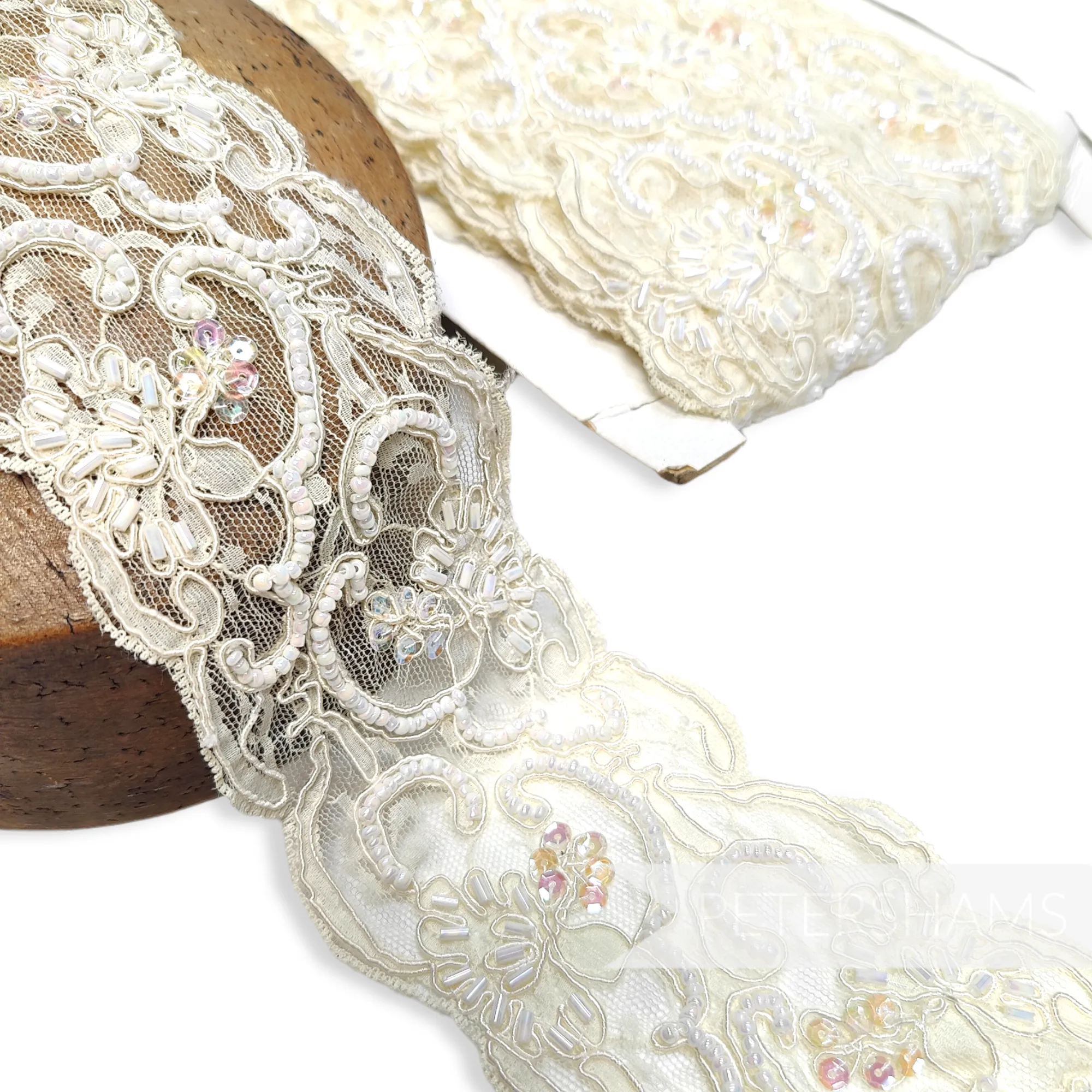 8cm Wide Bead and Sequin Adorned Silky Cord Lace Trim - 1m