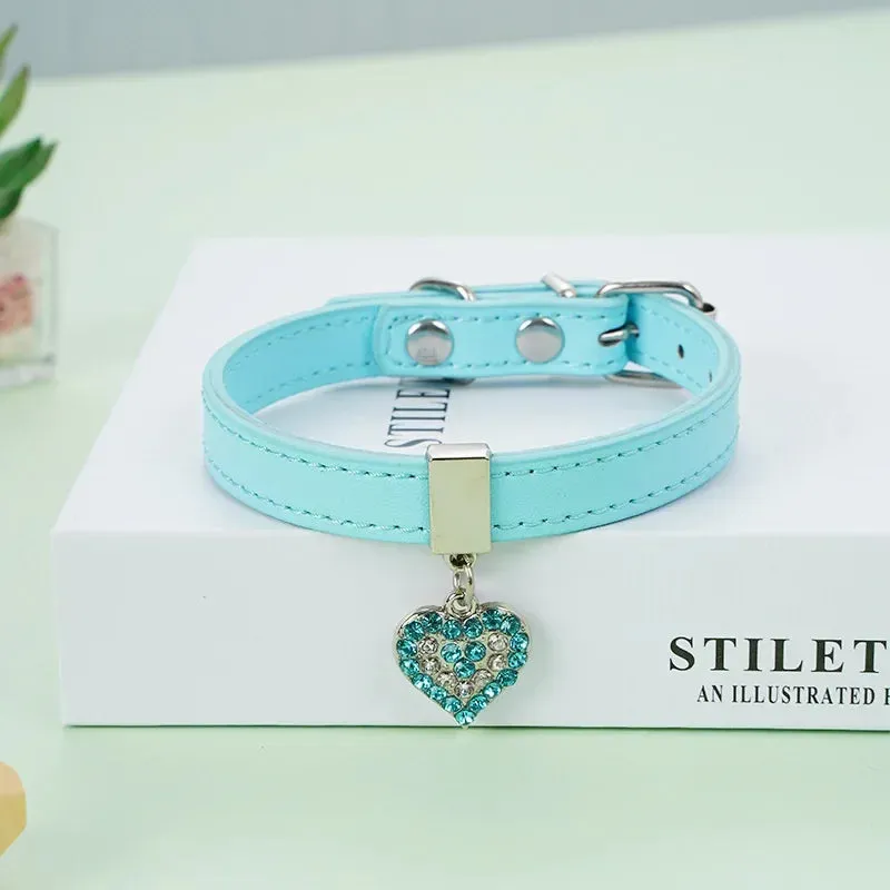 Adjustable PU Leather Pet Collar with Rhinestone Heart and Bling for Small to Medium Dogs and Cats