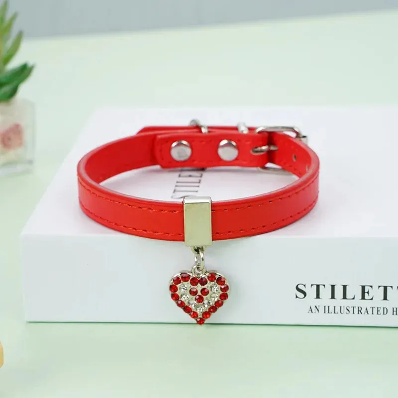 Adjustable PU Leather Pet Collar with Rhinestone Heart and Bling for Small to Medium Dogs and Cats