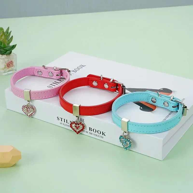 Adjustable PU Leather Pet Collar with Rhinestone Heart and Bling for Small to Medium Dogs and Cats