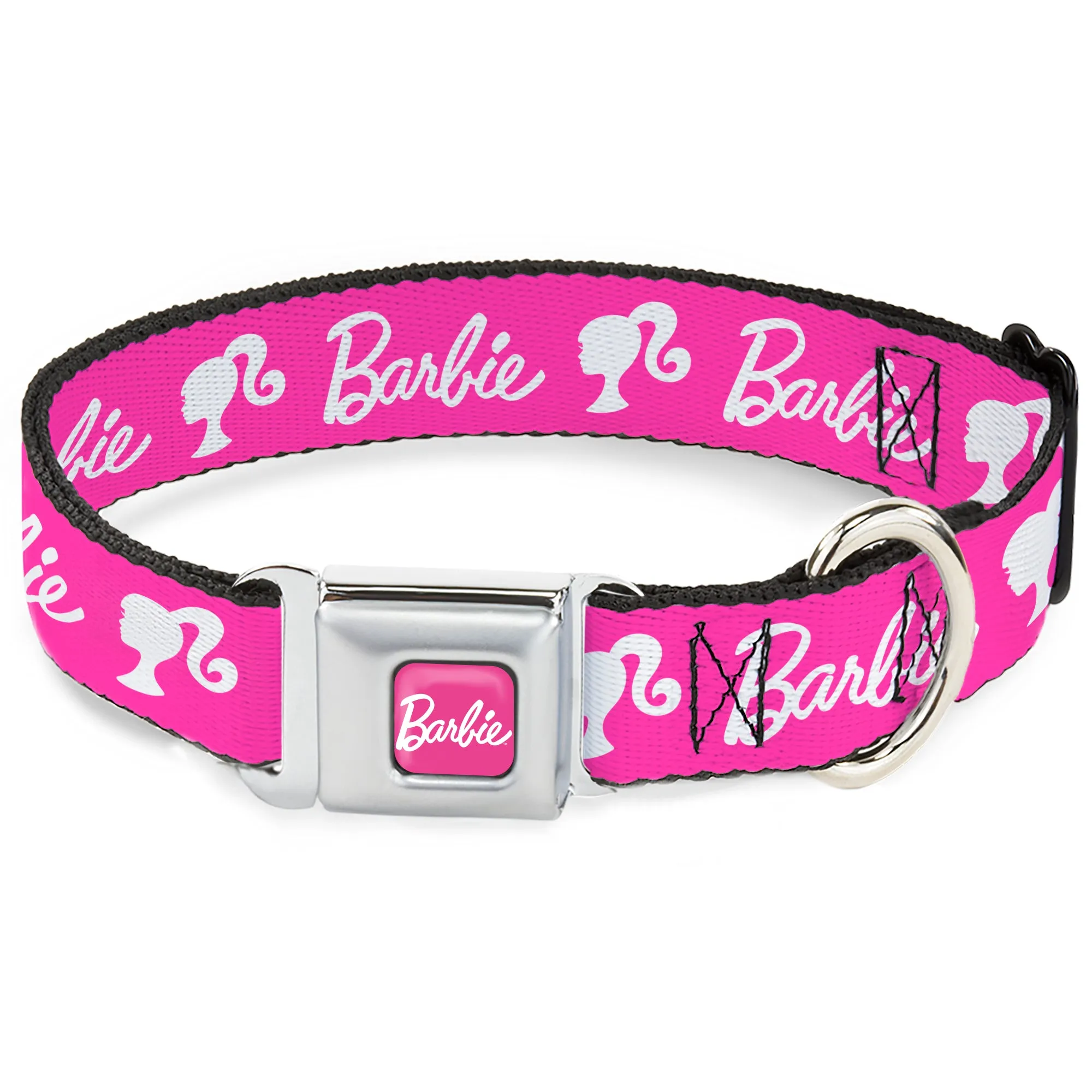 BARBIE Script Signature Full Color Hot Pink/White Seatbelt Buckle Collar - BARBIE Script Signature Logo and Silhouette Hot Pink/White