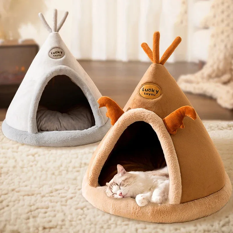 Cozy Pet Cave Bed for Cats and Small Dogs - Breathable Cotton with Soft Mat