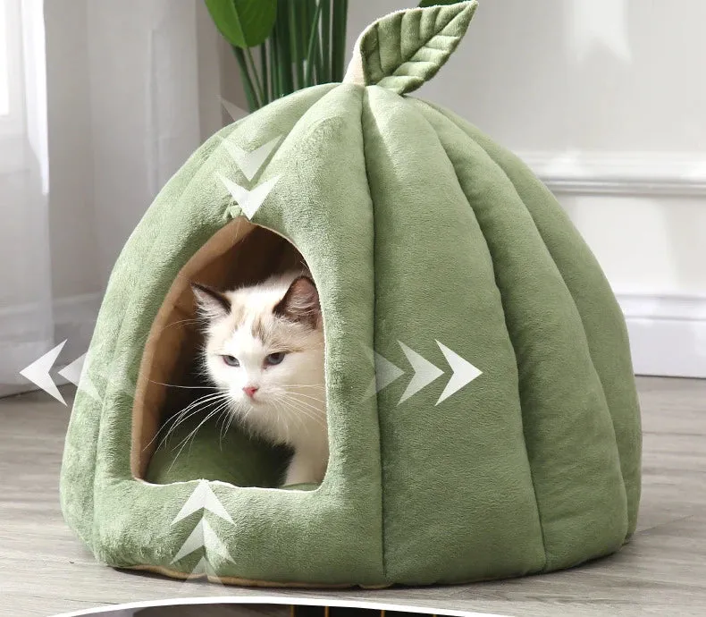 Cozy Pumpkin-Shaped Cat Bed - Enclosed Pet Nest