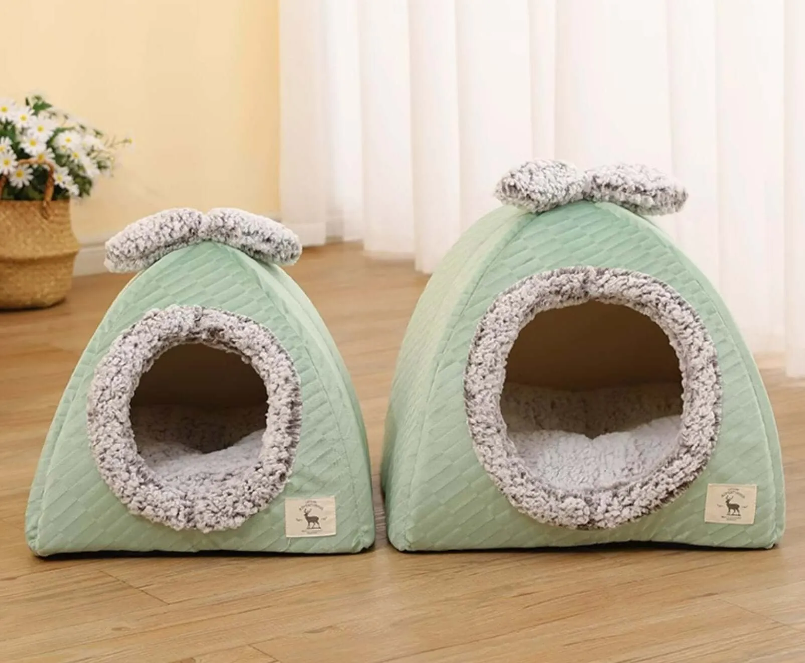 Pet Cave Bed Warm Cat Nest Fleece Bed with Bow for Cat Small Dog