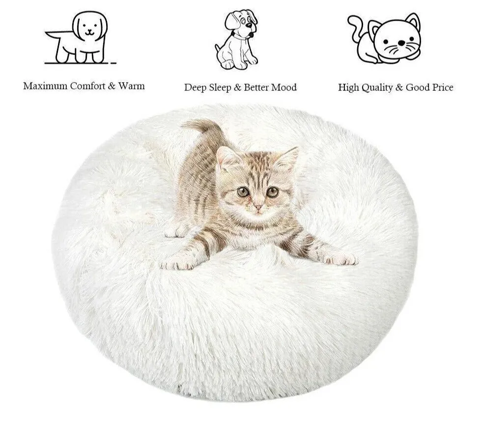 PETLAVISH™ Fluffy Calming Donut Dog/Cat Bed S-XL: Cozy Plush Sleeping Kennel