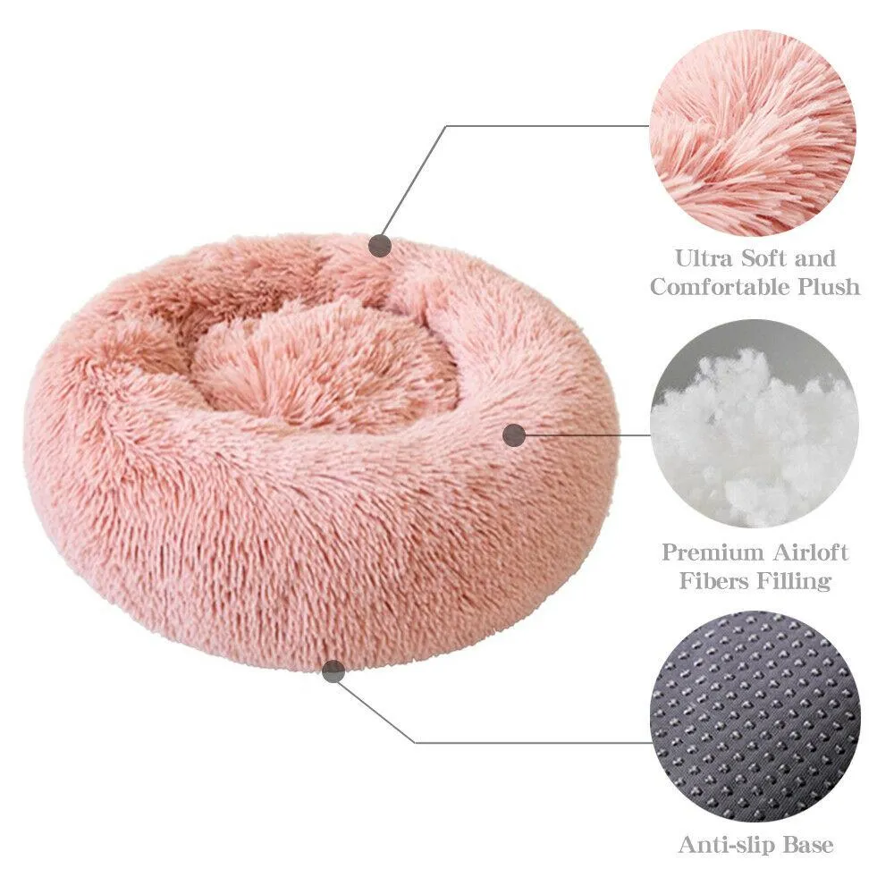 PETLAVISH™ Fluffy Calming Donut Dog/Cat Bed S-XL: Cozy Plush Sleeping Kennel