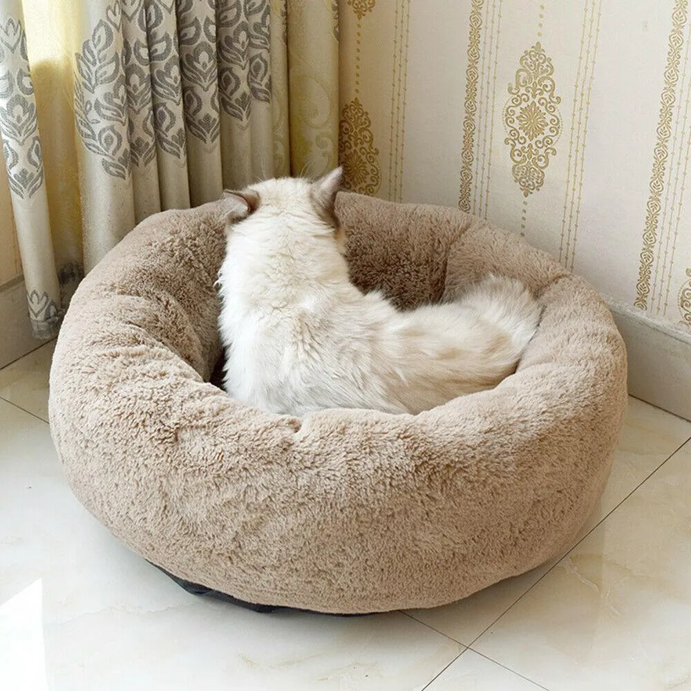 PETLAVISH™ Fluffy Calming Donut Dog/Cat Bed S-XL: Cozy Plush Sleeping Kennel