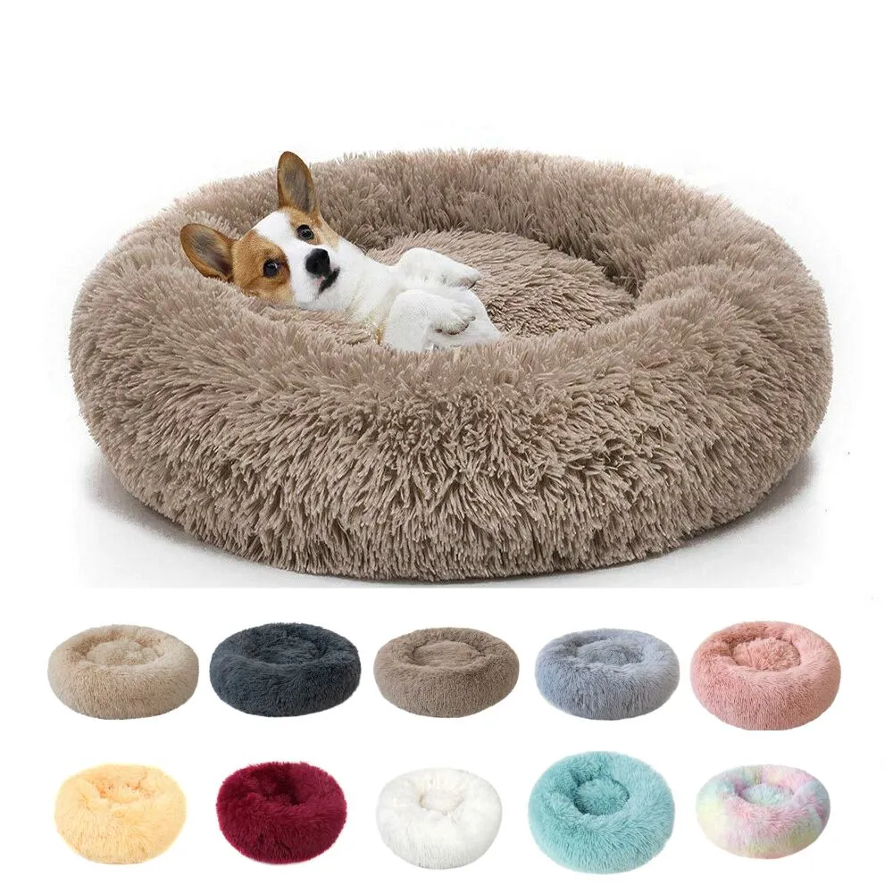 PETLAVISH™ Fluffy Calming Donut Dog/Cat Bed S-XL: Cozy Plush Sleeping Kennel