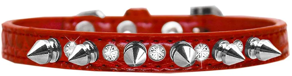 Silver Spike And Clear Jewel Croc Dog Collar Red Size 14