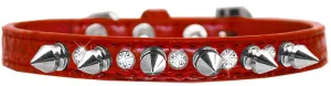 Silver Spike And Clear Jewel Croc Dog Collar Red Size 14