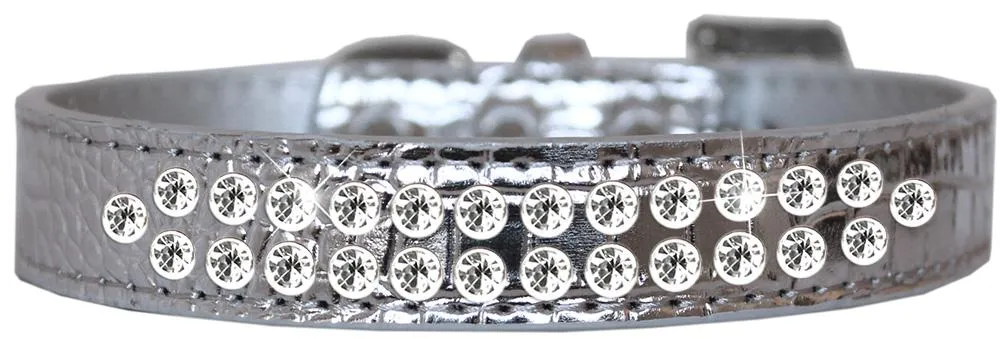 Two Row Clear Jewel Croc Dog Collar Silver Size 16